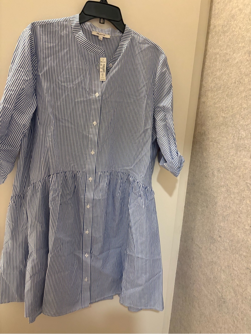 Madewell Button-Front Gathered Stripe Mini Dress in Cotton Poplin. Size XL. New